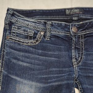 Silver Jeans Suki Low Rise Boot Cut Dark Blue Wash Embroidered Women's Jeans 33